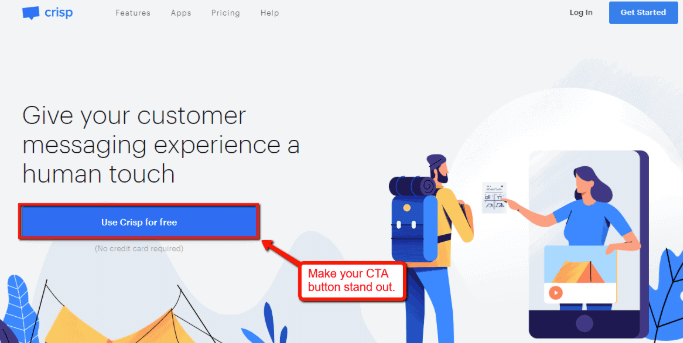 Crisp, the all-in-one business messaging platform that gathers teams, conversations, data and knowledge, around one place, homepage, highlighting the CTA button to try it for free. | Web Design Lessons