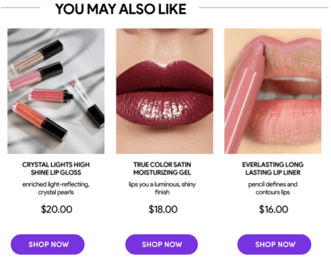 Screenshot from NowDialogue showing three beauty products on a website | 4 eCommerce Marketing Tips