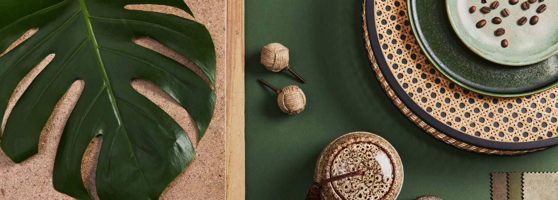 Green and tan stylish flat lay with a monstera leave and other small items | Good UX