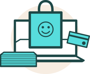 eCommerce website icon with a computer, shopping bag with a smiley face, and a credit card