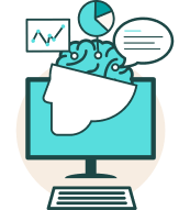 Icon for user experience (UX) and user interface (UI) research; a computer with a head and a brain with thoughts coming in.