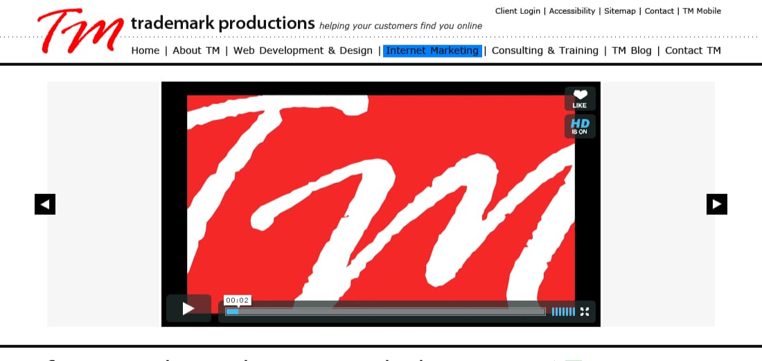 Trademark Productions home page website from a 2010 website build