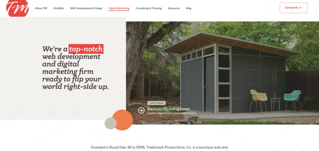 Trademark Productions home page website from a 2017 website build