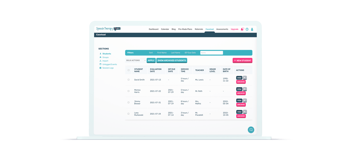 Speech Therapy Plans caseload, showing the student plans