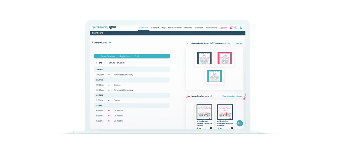 Speech Therapy Plans dashboard with Course Load, Pre-Made Plan of the Month, and New Materials