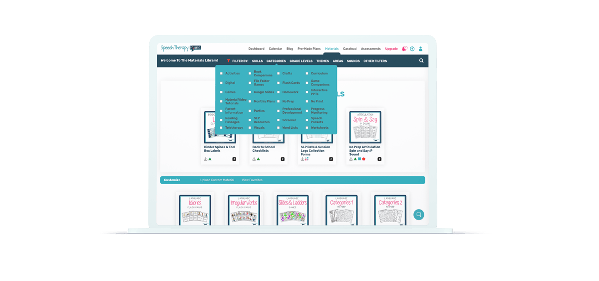 Speech Therapy Plans Material Library highlighting the filters available for viewing