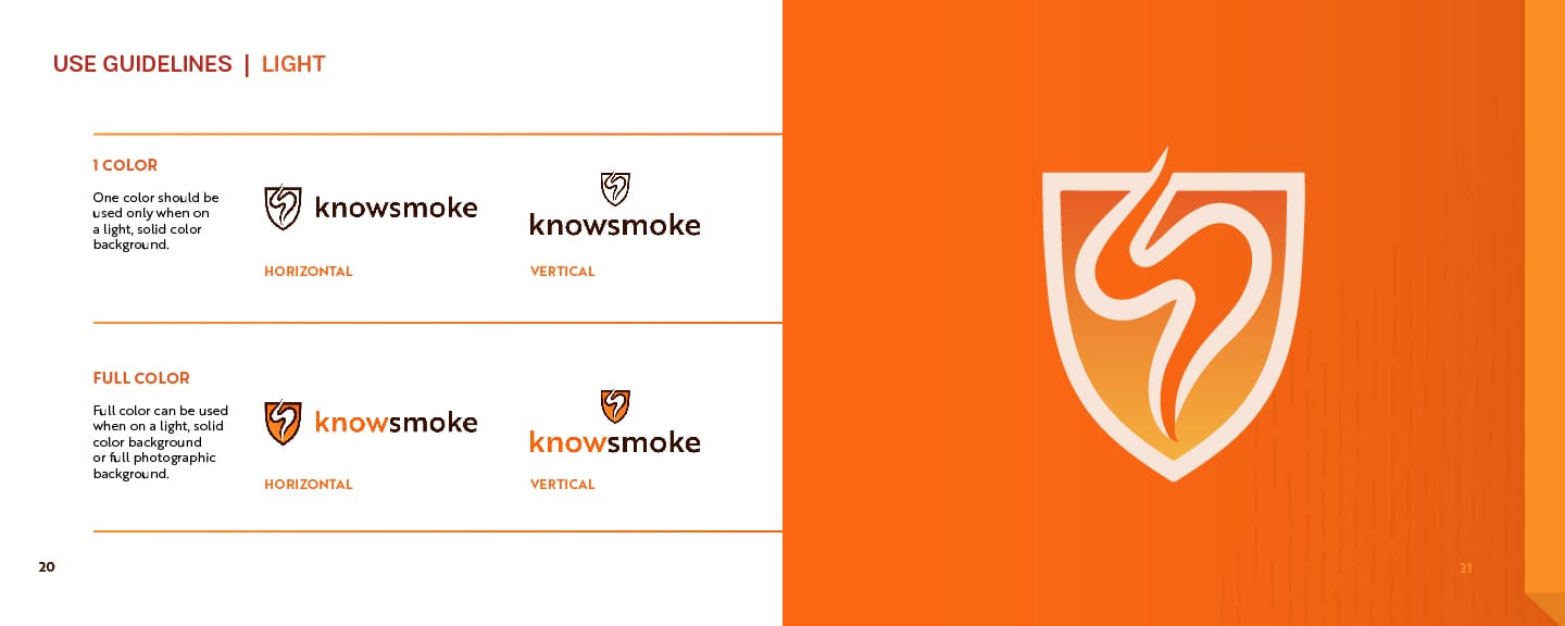 Knowsmoke brand book's logo usage page with examples of the do's and don'ts of using their logo