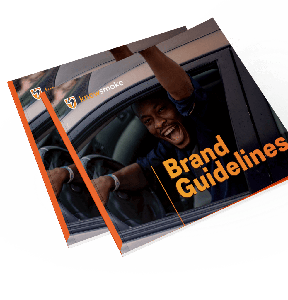 Knowsmoke Brand Guidelines cover image with a man happily smiling with his arms raised out of the car door