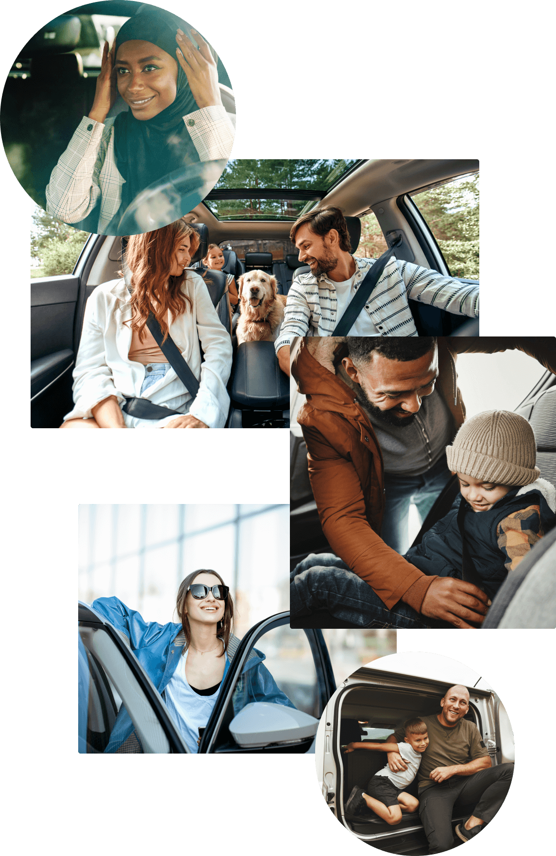 Multiple photos of passengers in or around a car for Knowsmoke's brand book