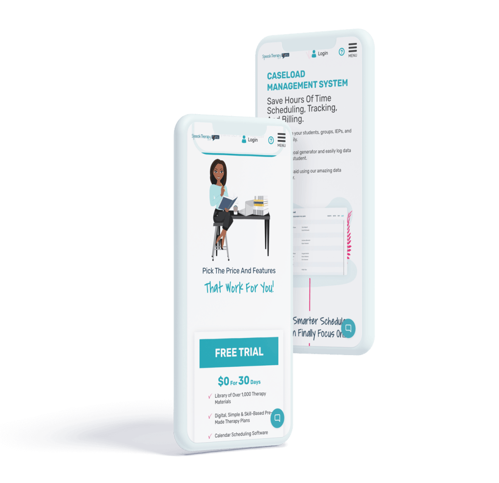 iPhone mockups of Speech Therapy Plans website.