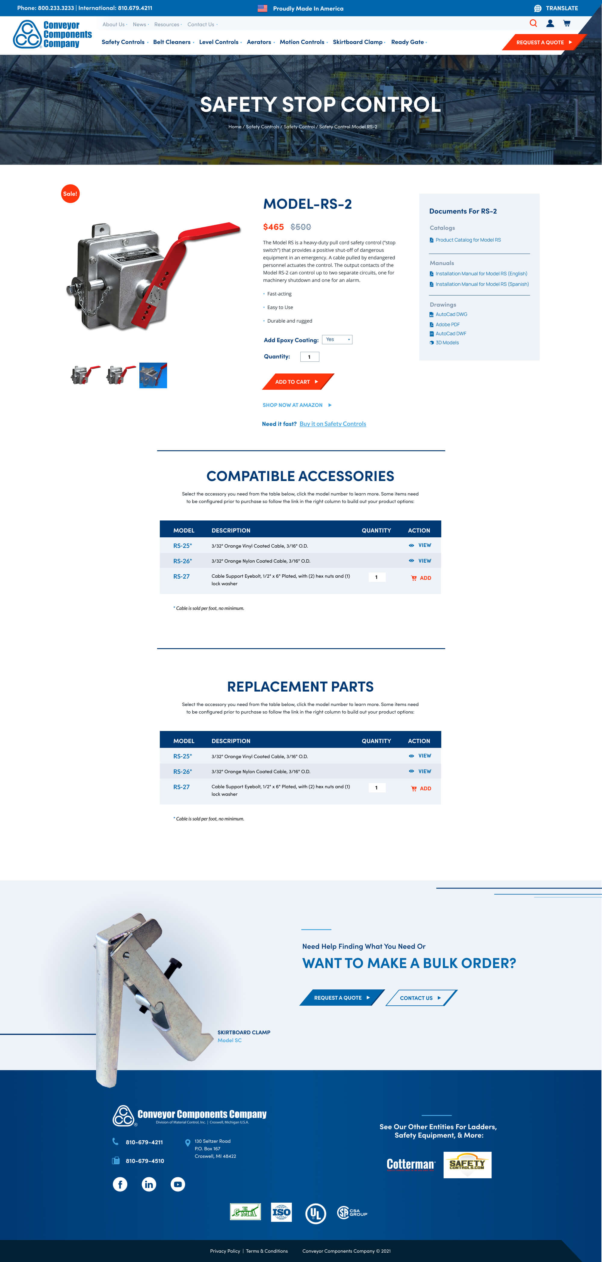Conveyor Components Company website page of the Safety Stop Control product page for Model-RS-2.