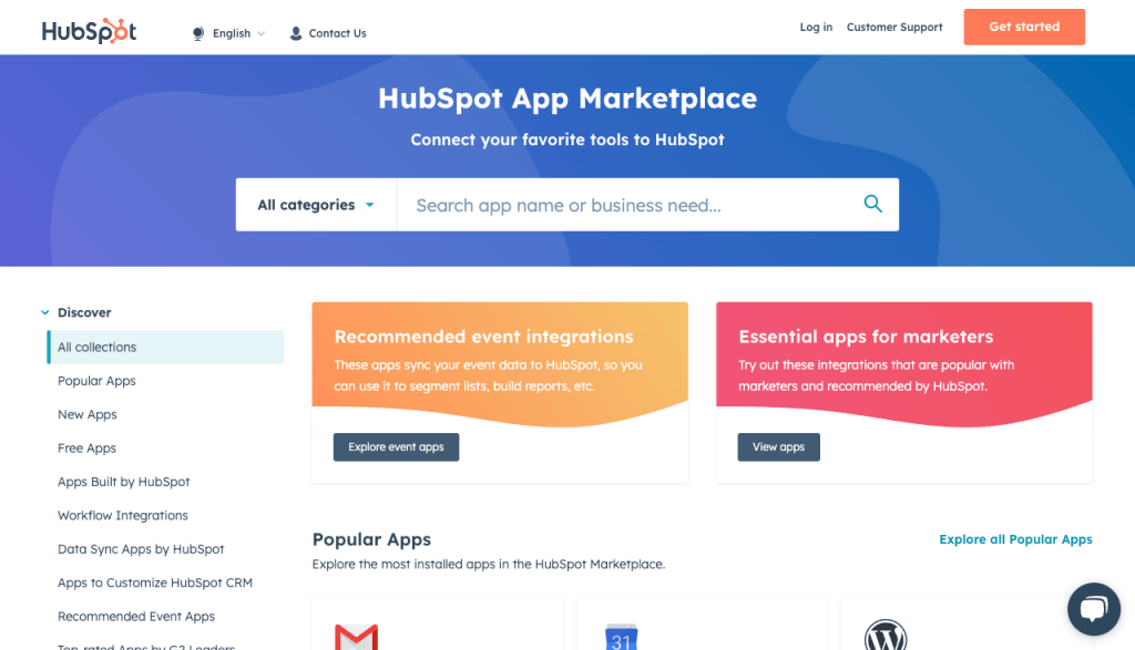 Screenshot of HubSpot CRM's app marketplace