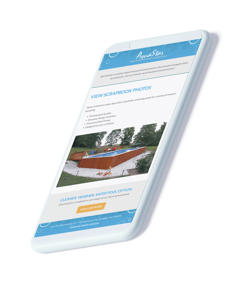 iPhone device mockup of an email from Aqua Star Pools