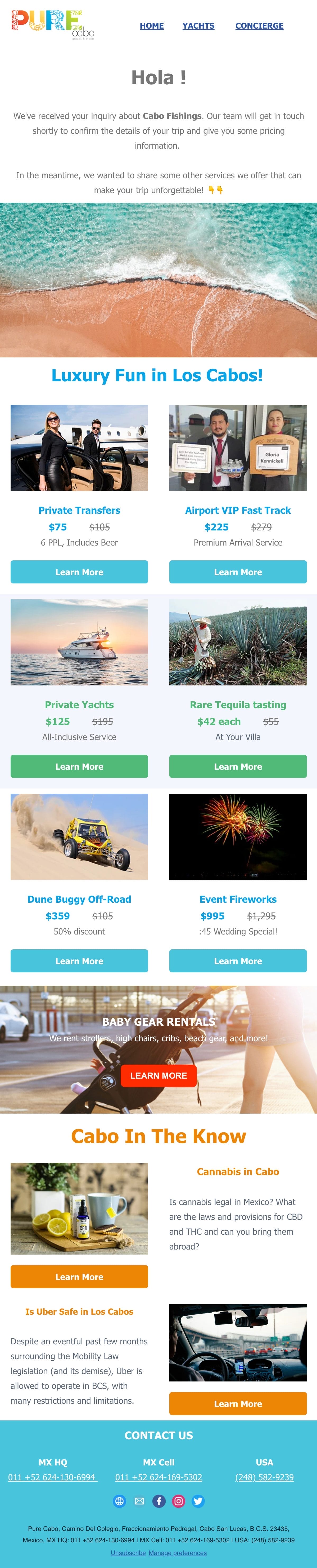 Pure Cabo marketing emails featuring their top services.