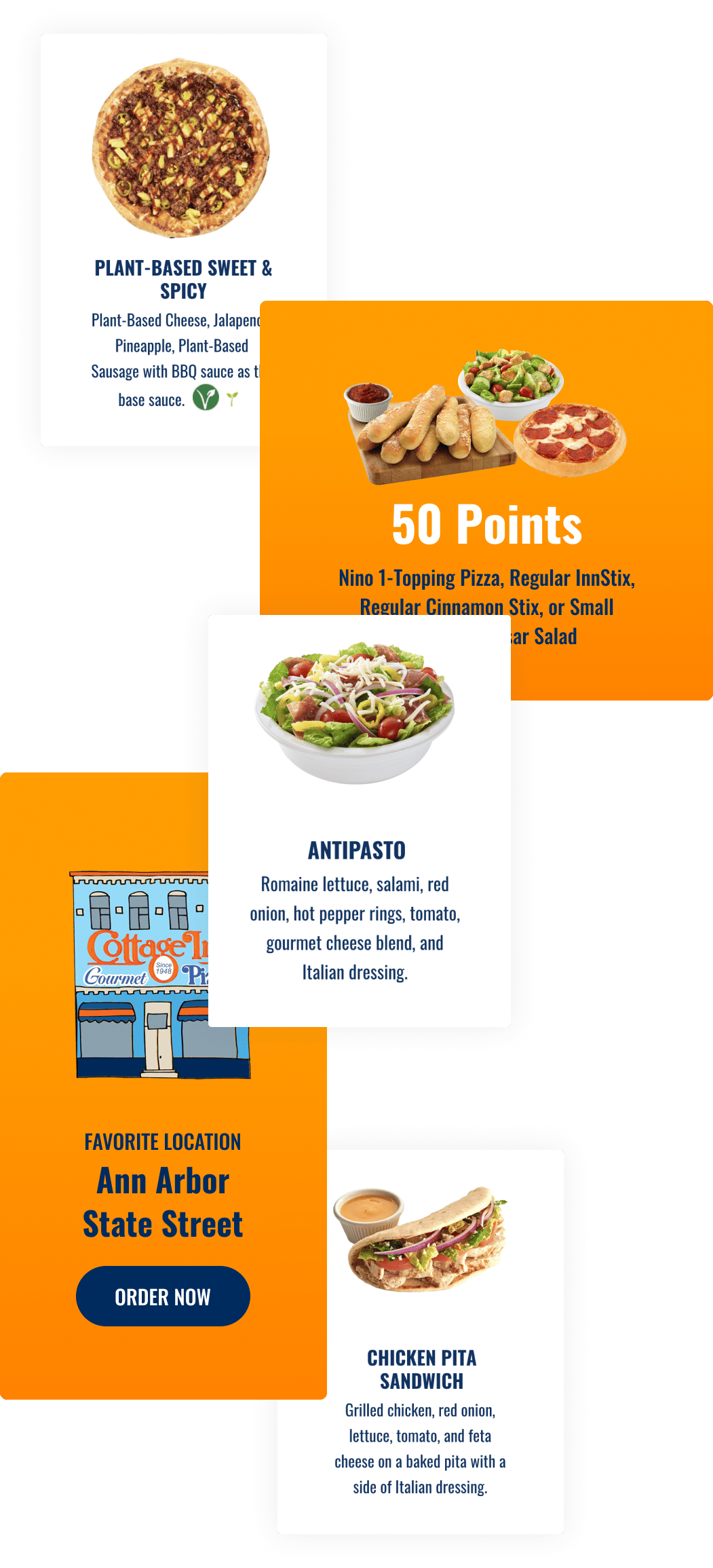 Images of the Cottage Inn Pizza website.