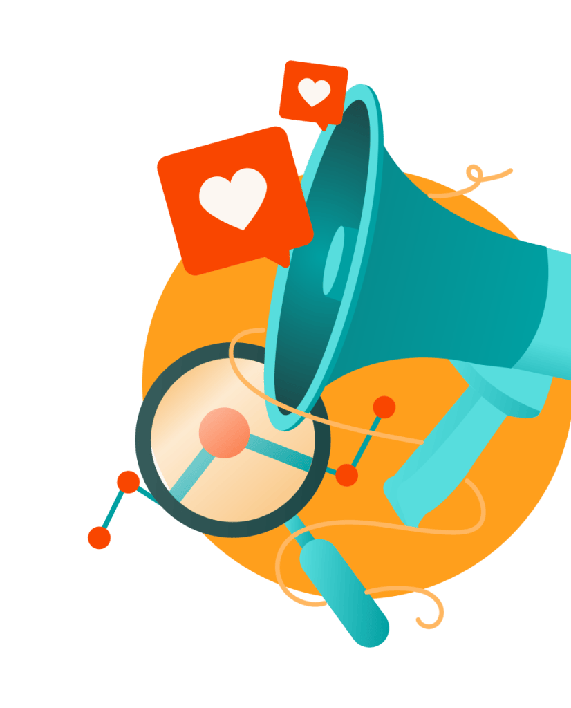 Digital marketing icon with a bullhorn and like icons for social