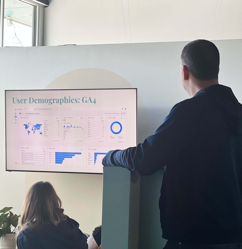 Presenting on user demographics with Google Analytics 4 at Perfect Afternoon's Embracing the Journey workshop in Pleasant Ridge, Michigan. 