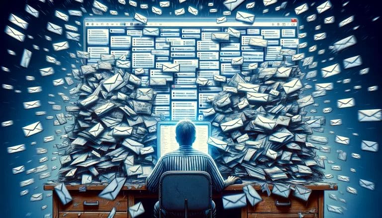 AI-generated image of an individual sitting at a computer with documents sitting around him; Email marketing fatigue