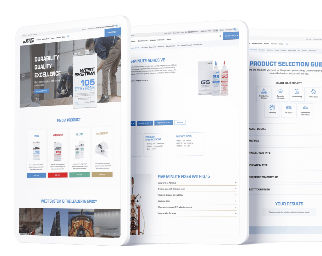WEST SYSTEM iPad Air mockup of three pages on the website.