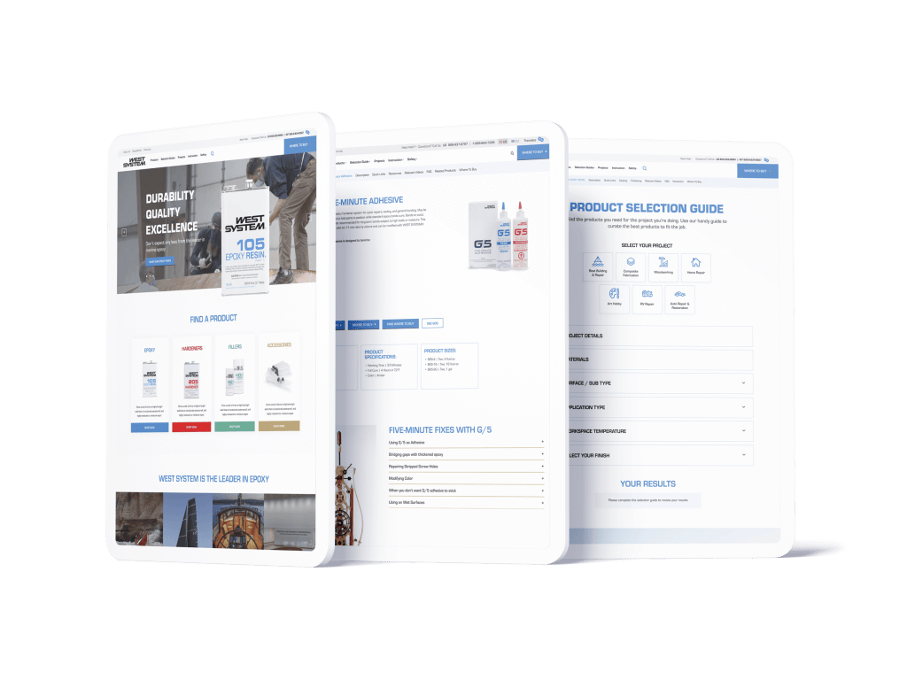 WEST SYSTEM website mockup of the home page, product page, and the Product Selection Guide.