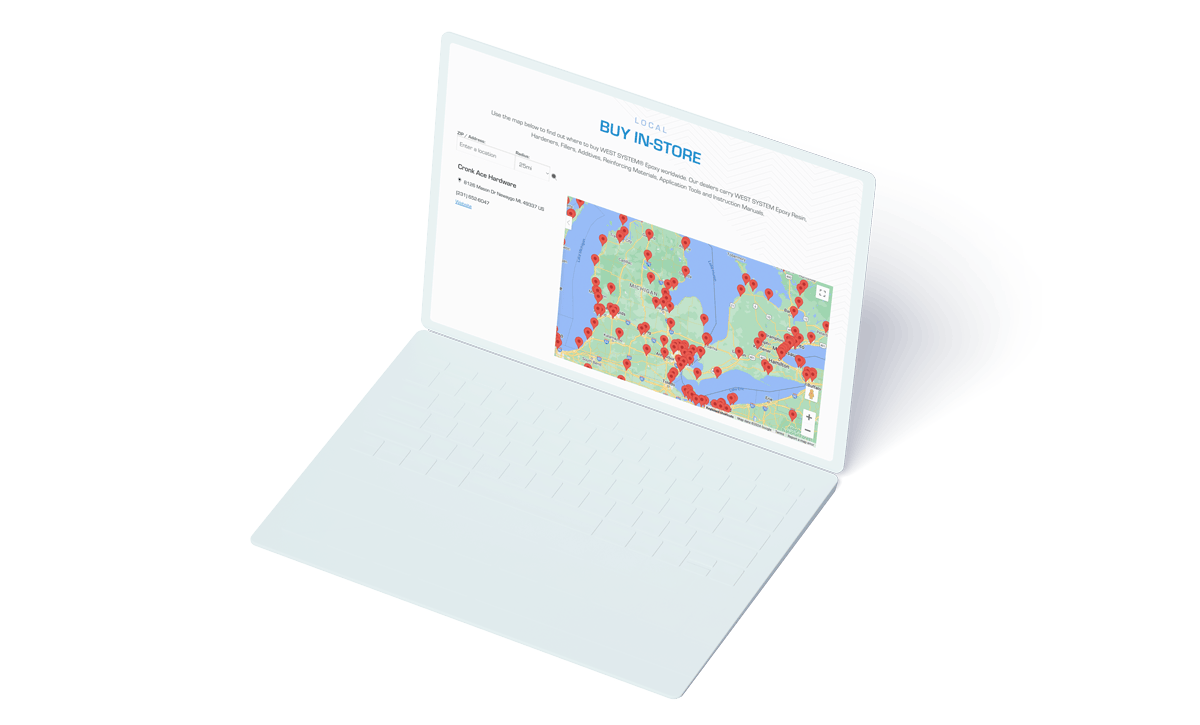 Laptop mockup of WEST SYSTEM's Where to Buy locator.
