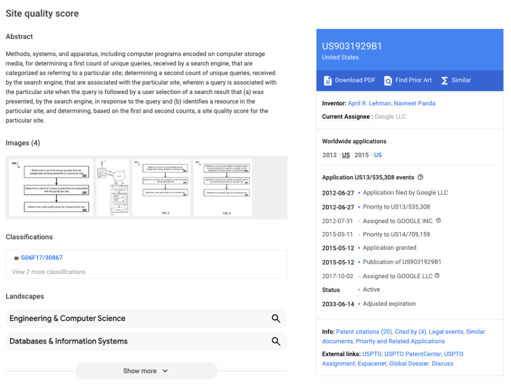 Google Patent on Site Quality Score
