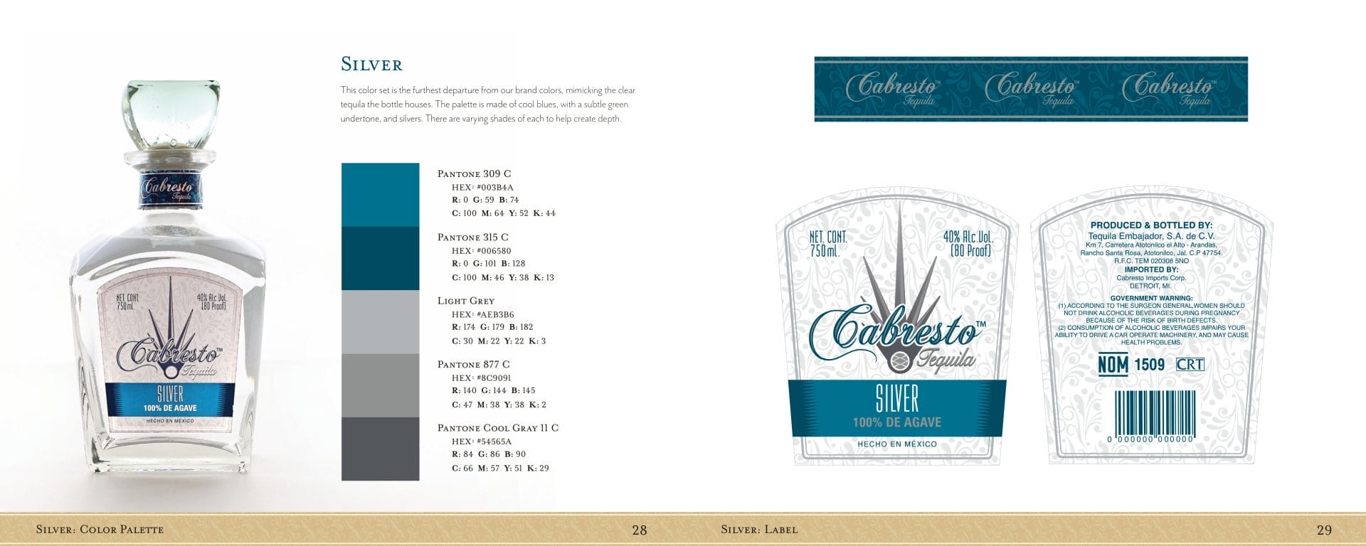 Tequila Cabresto brand book final spread, featuring color palette for each product. Created by Perfect Afternoon.