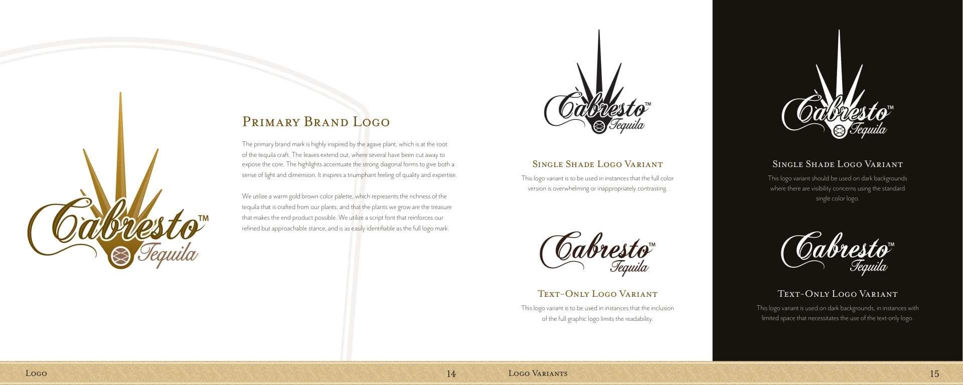 Tequila Cabresto brand book final spread, featuring logo placement. Created by Perfect Afternoon.