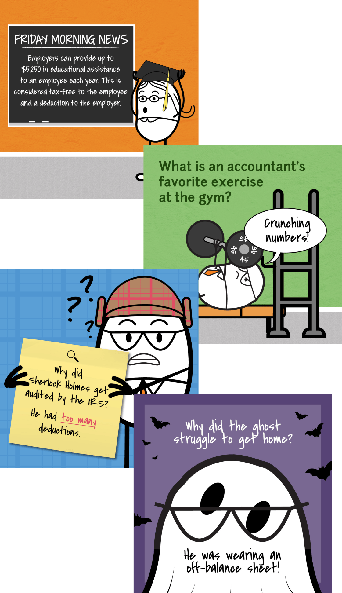 A collage of 4 social graphics for CPA Nerds' Facebook and LinkedIn profiles.