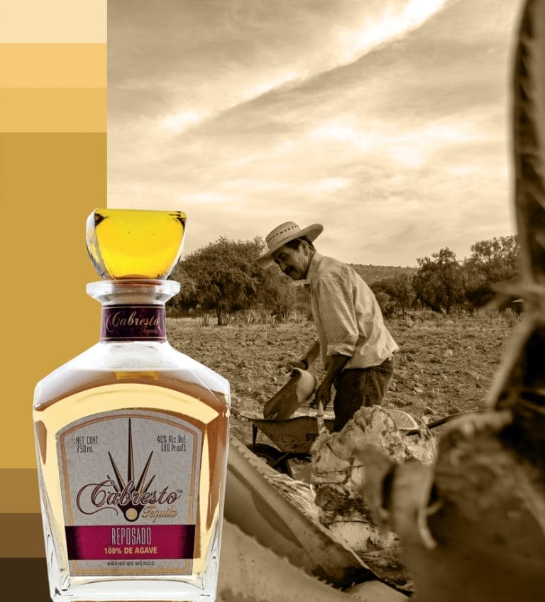 Featured image for Tequila Cabresto, showing their Anejo Tequila with the background image of a man harvesting agave. | Tequila Cabresto Brand Book