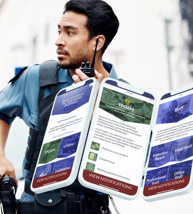 Officer holding a walkie talkie and the POAM Mobile App mockups listed on it.