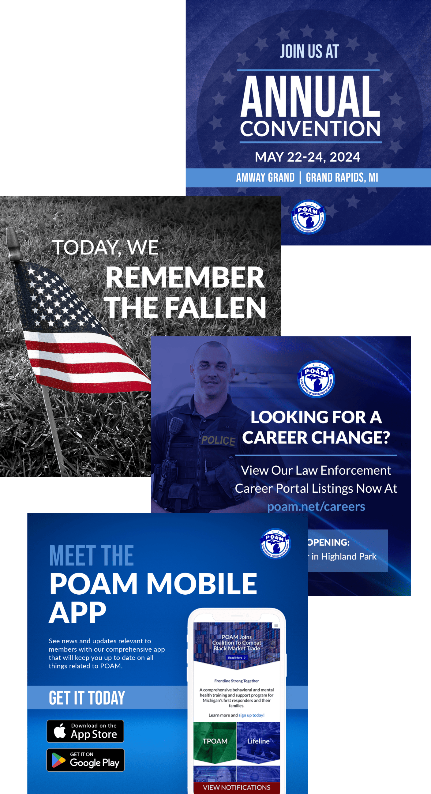 Four POAM social graphics — 2024 Annual Convention, Remember the Fallen, Law Enforcement Careers, and POAM Mobile App.