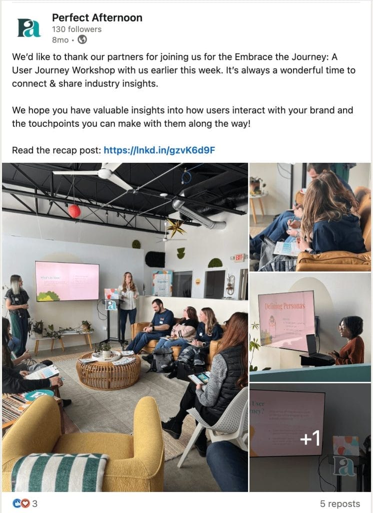 Perfect Afternoon LinkedIn post about their customer journey event. Highlighting LinkedIn posts for your social media strategy 2025.