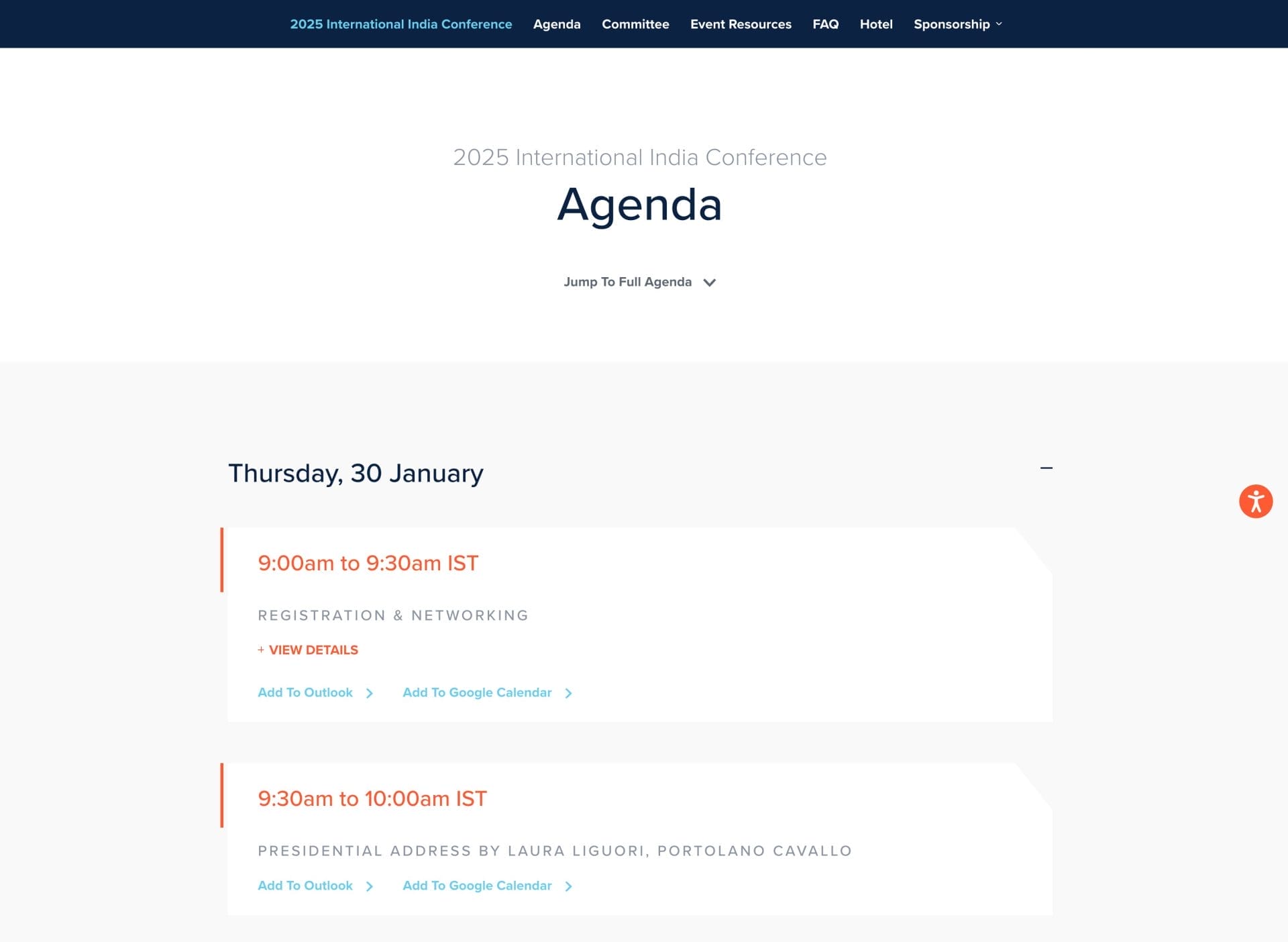 ITech Law's agenda page for individual event mini sites.