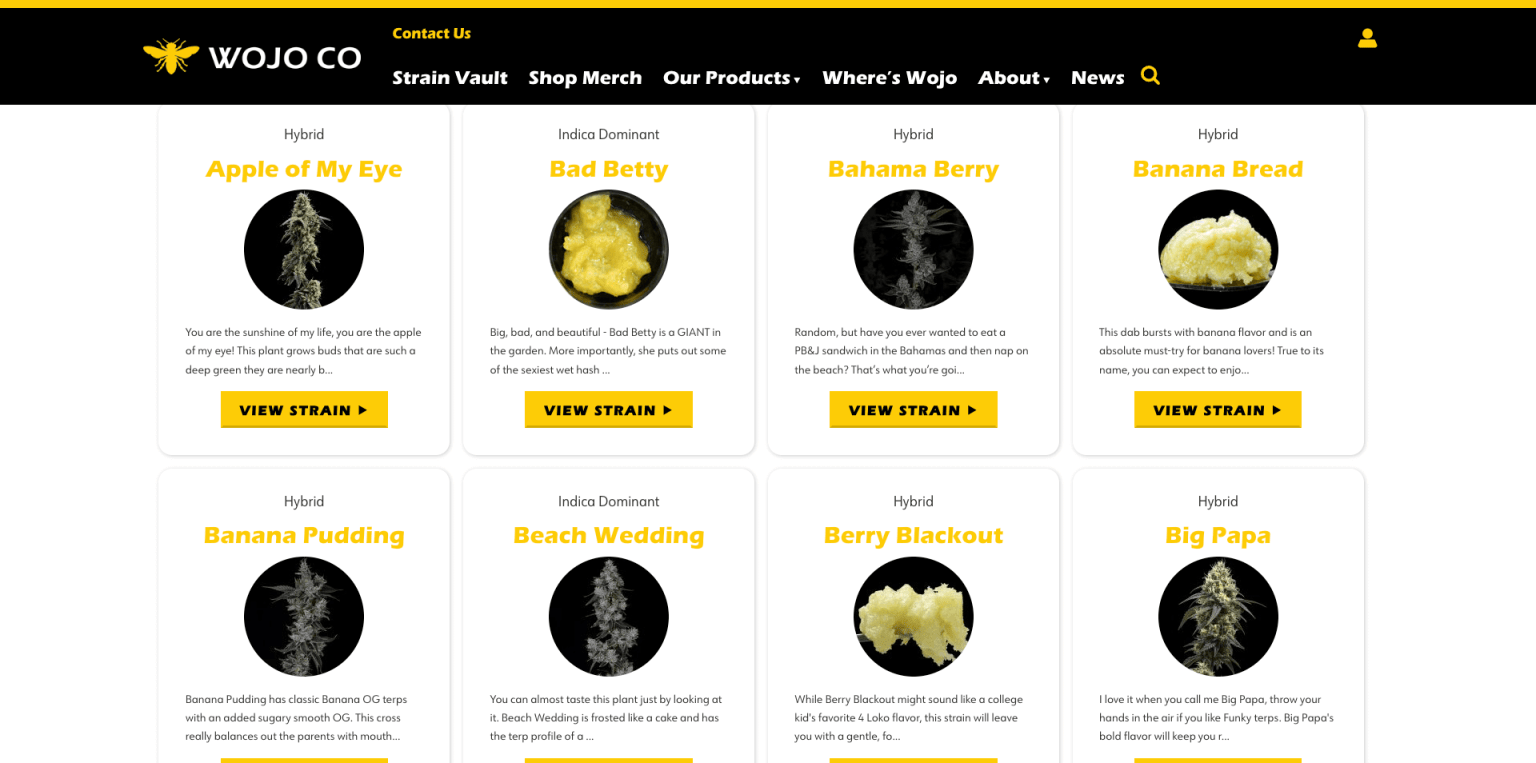 View of Wojo Wax's strain vault selection with 8 strains showing.