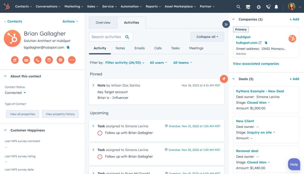 HubSpot marketing automation software's contact record showing contact information and associated objects information. 