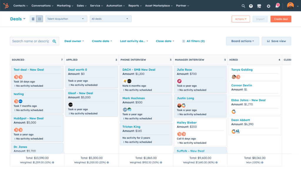 HubSpot Sales Hub showing a pipeline with various stages and deal with appropriate information. 