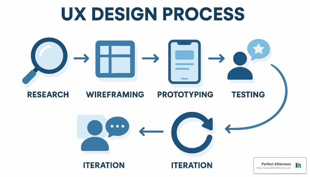 UX design process of research, wireframing, prototyping, testing, and two rounds of iteration testing.