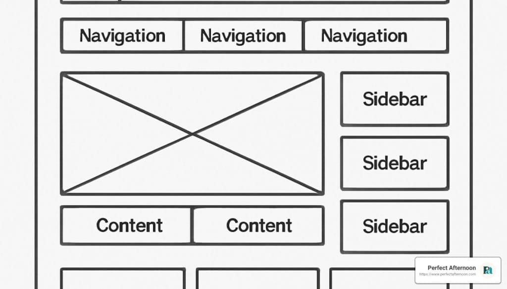 Prototype of a website design with navifgation, content, and sidebar.