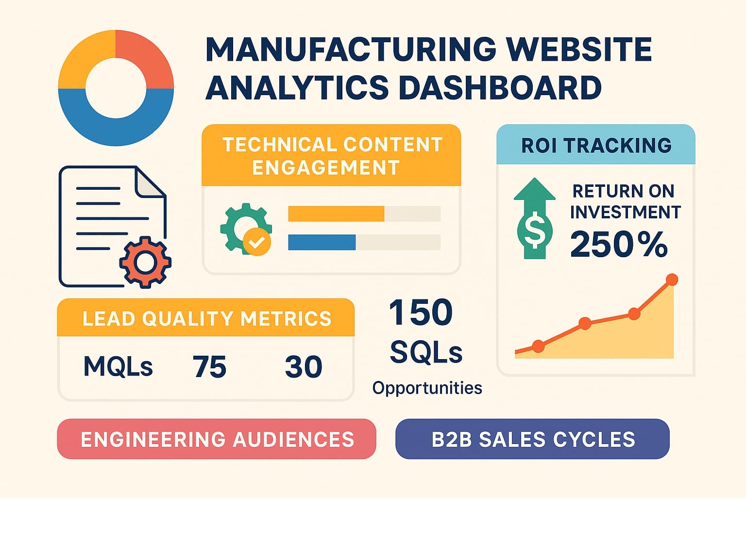 Manufacturing website analytics dashboard showing technical content engagement, lead quality metrics, and ROI tracking with specific KPIs for engineering audiences and B2B sales cycles - web development for manufacturing infographic 