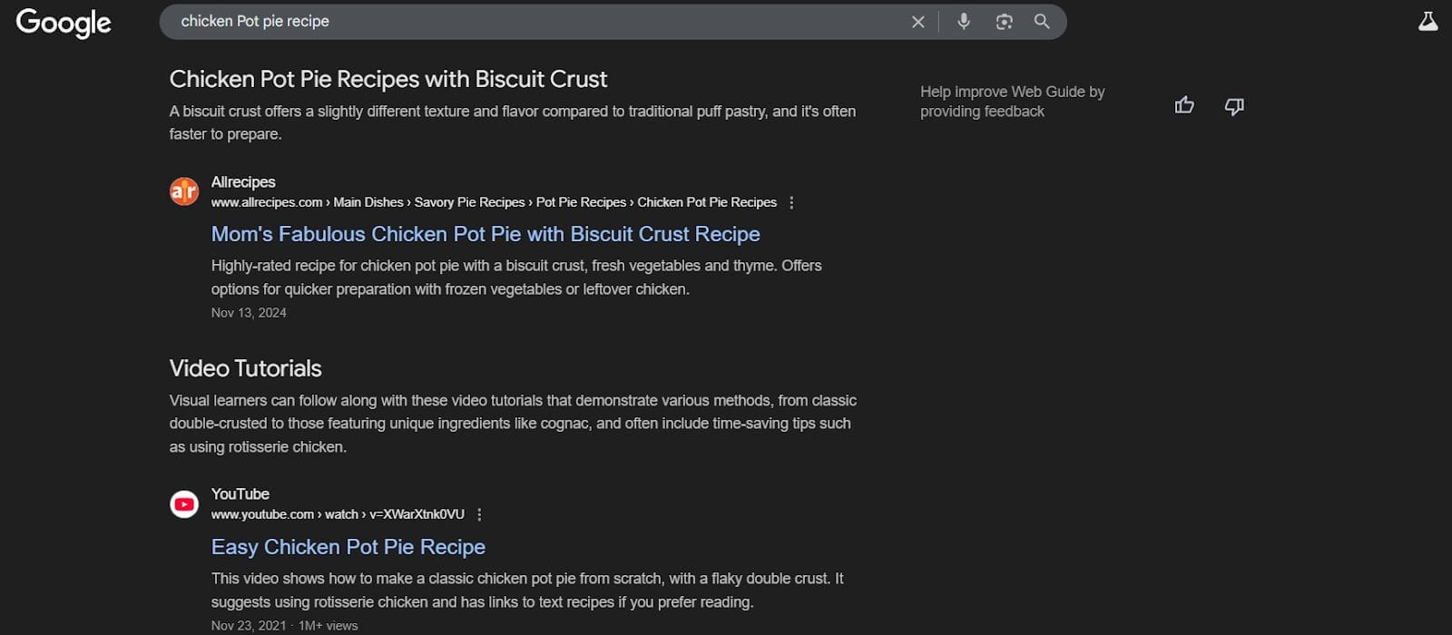 An Example of a google search result using Web Guide