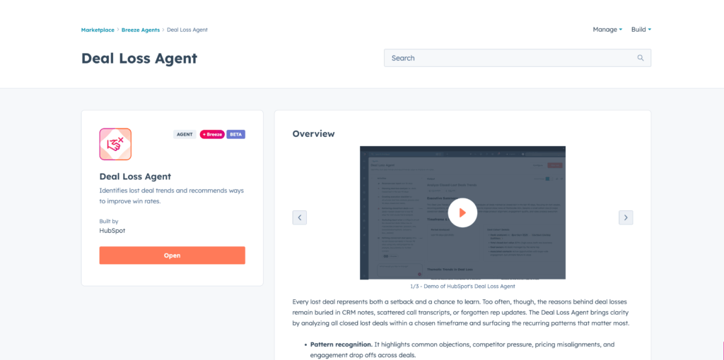 HubSpot's Breeze AI Deal Loss Agent. Helping companies find similarities and solutions to deals that are not closing into sales.
